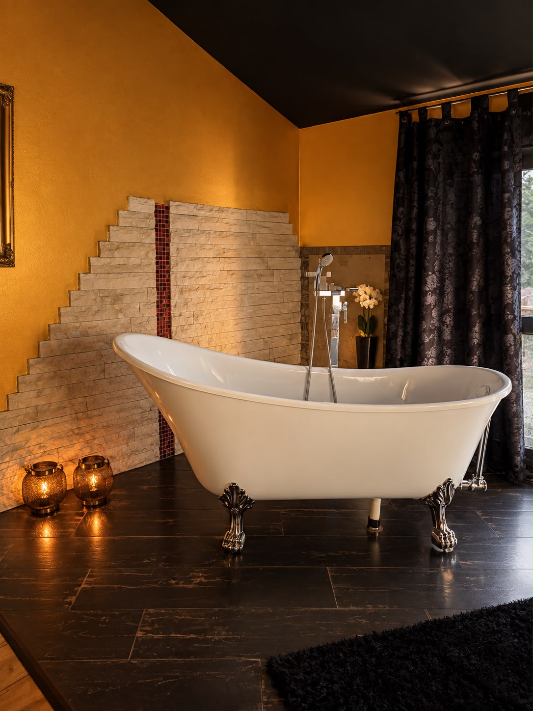Freistehende Badewanne in einer goldenen Suite