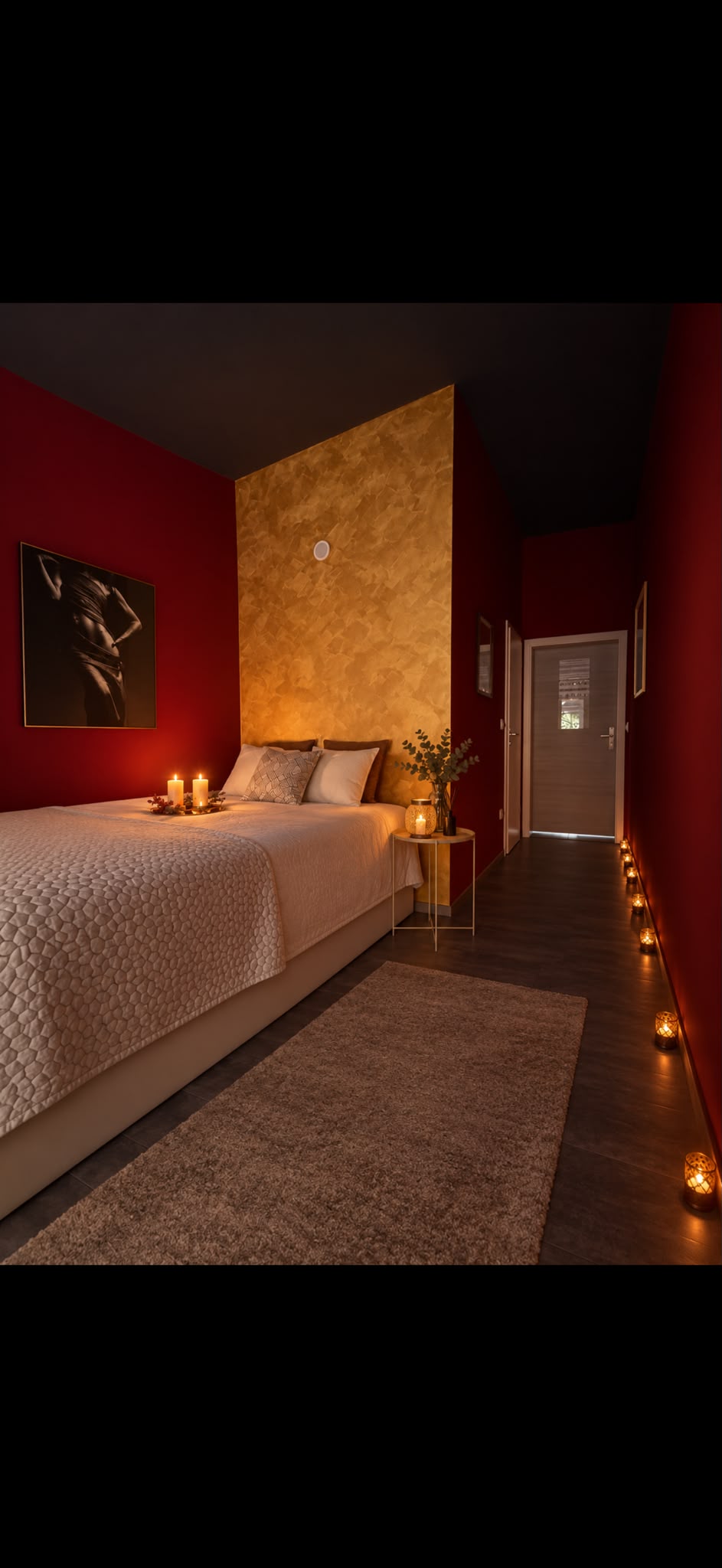 Habitación roja iluminada con velas