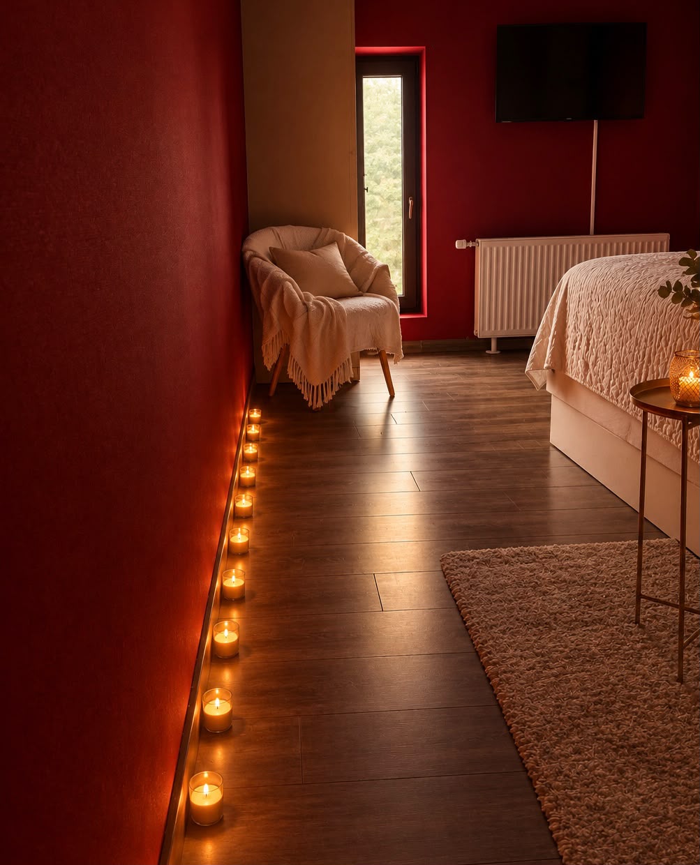 Rote Suite mit Sessel und Kerzenreihe